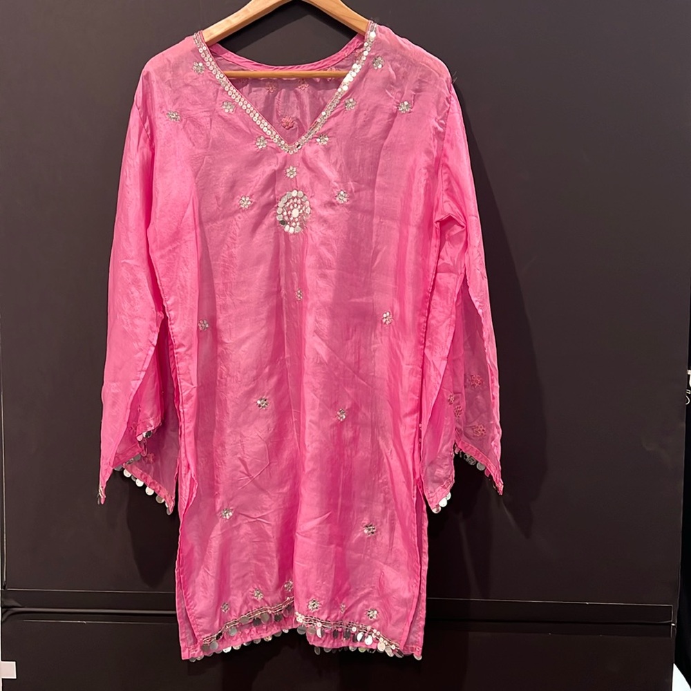 Pink Oriental Satin Tunic Silver Sequin details Slit Arms Waist V-neck Wide Arms
